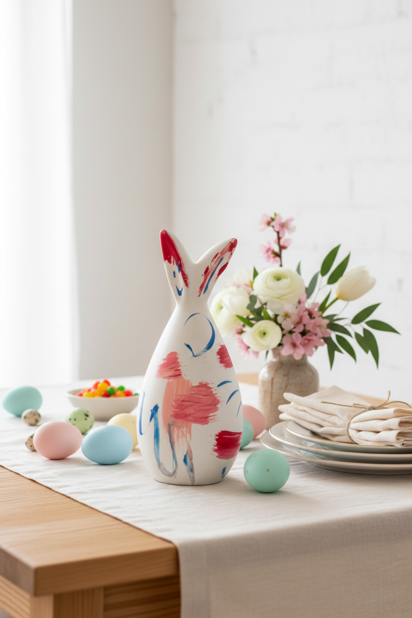 Decorative bunny figurine on a table with Easter eggs and flowers