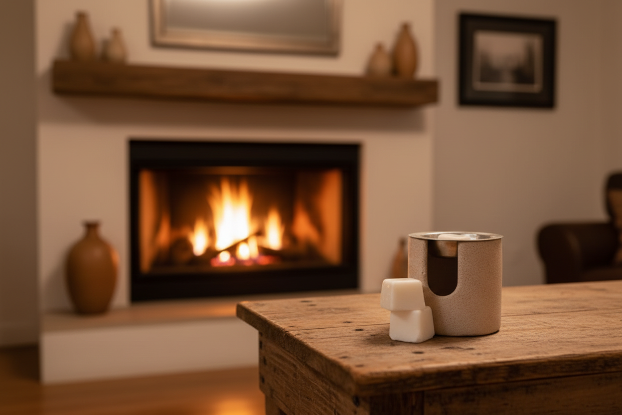 Cozy living room with a fireplace and wooden table