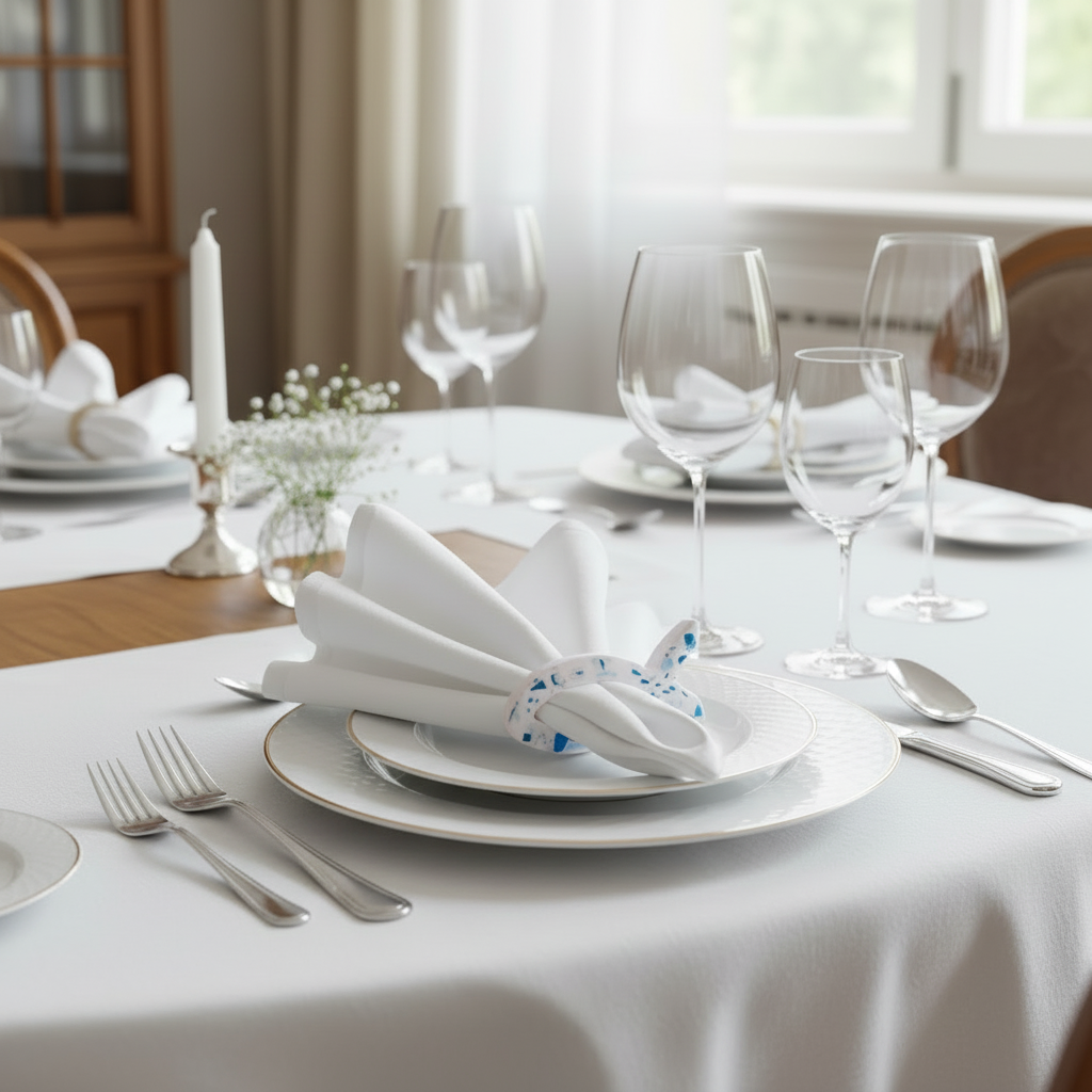 Elegant table setting with white plates, silverware, and glasses on a white tablecloth.