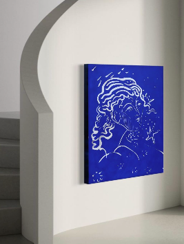 Blue abstract painting of a face on a white wall