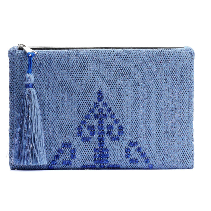 A blue clutch with geometric embossed design and a tassel on the zipper.