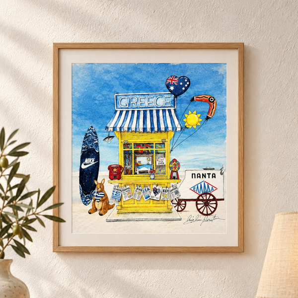 GR AUS Kiosk (Small Prints Collection) – Greek-Australian art print by Caroline Rovithi, yellow Greek kiosk on an Aussie beach, framed on a wall, styled | Thalassea
