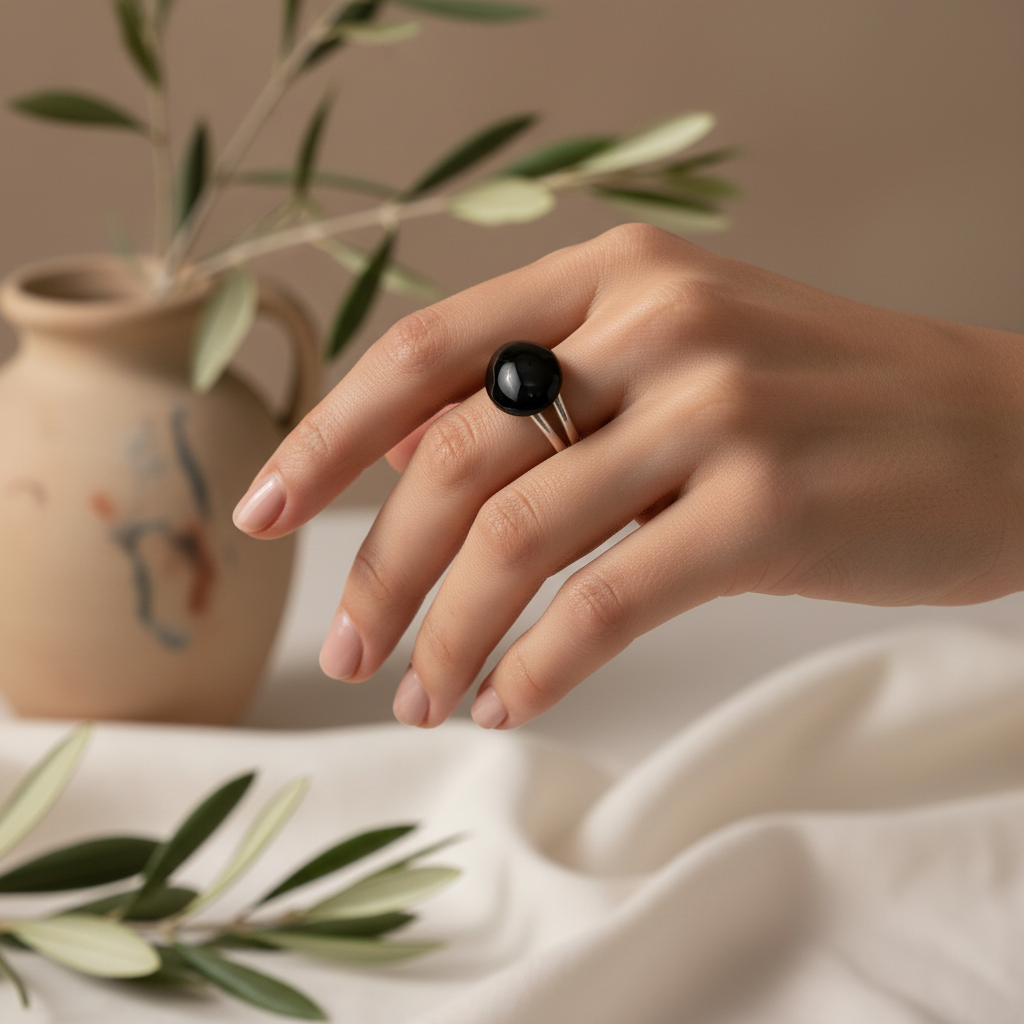 Hand wearing a black ring with a vase and greenery in the background