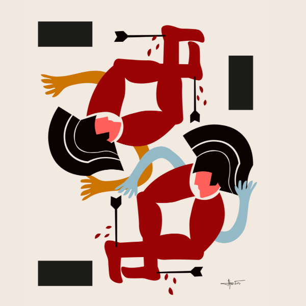 Abstract artwork with stylized figures and geometric shapes on a beige background