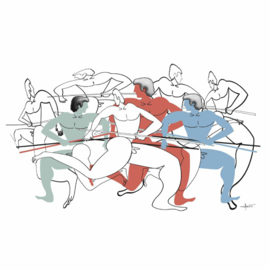 Illustration of multiple figures in various poses with a red line crossing through them on a white background.