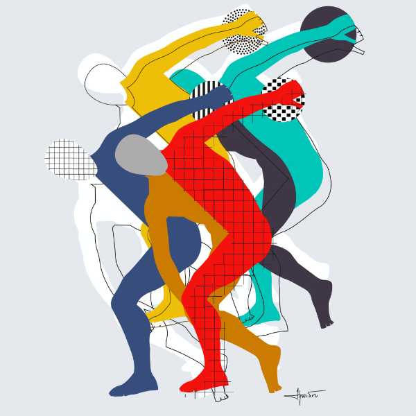 Abstract artwork of stylized figures in dynamic poses with geometric patterns on a light gray background.