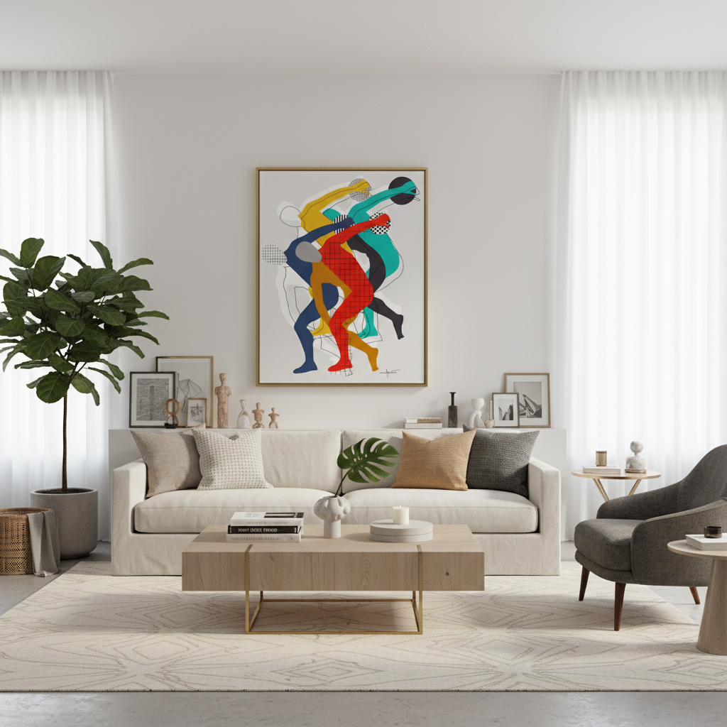 Modern living room with a colorful abstract painting on the wall, a beige sofa, and a wooden coffee table.