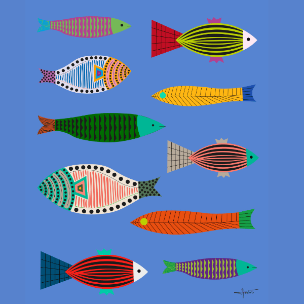 Colorful fish illustrations on a blue background