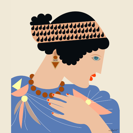 Illustration of a woman with decorative headpiece and jewelry on a beige background
