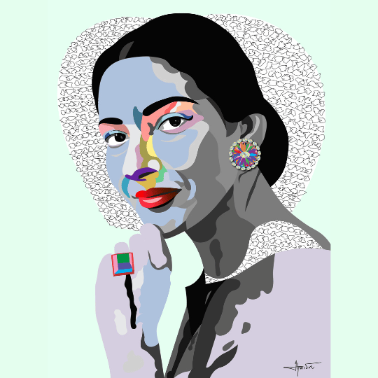 Artistic portrait of a person with a colorful face on a light green background