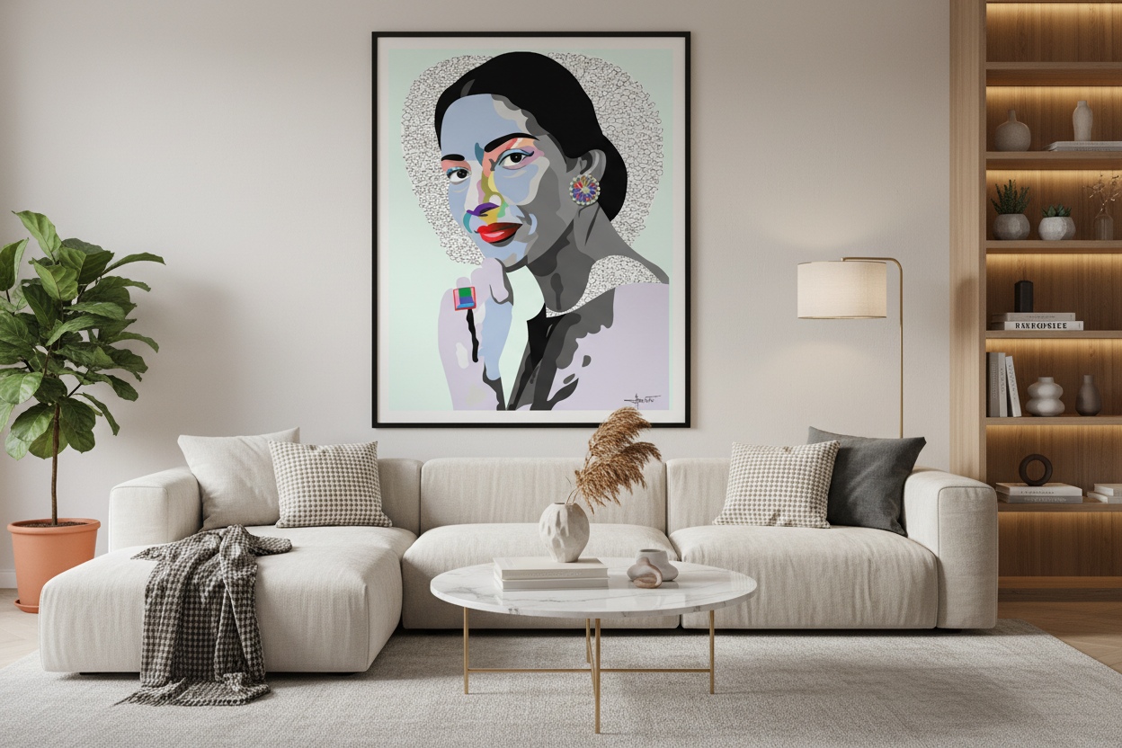 Living room with a modern sofa, coffee table, and wall art of a stylized portrait.