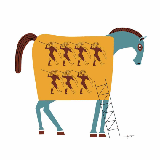 Illustration of a horse with a yellow blanket featuring soldiers, a ladder, and a helmet.