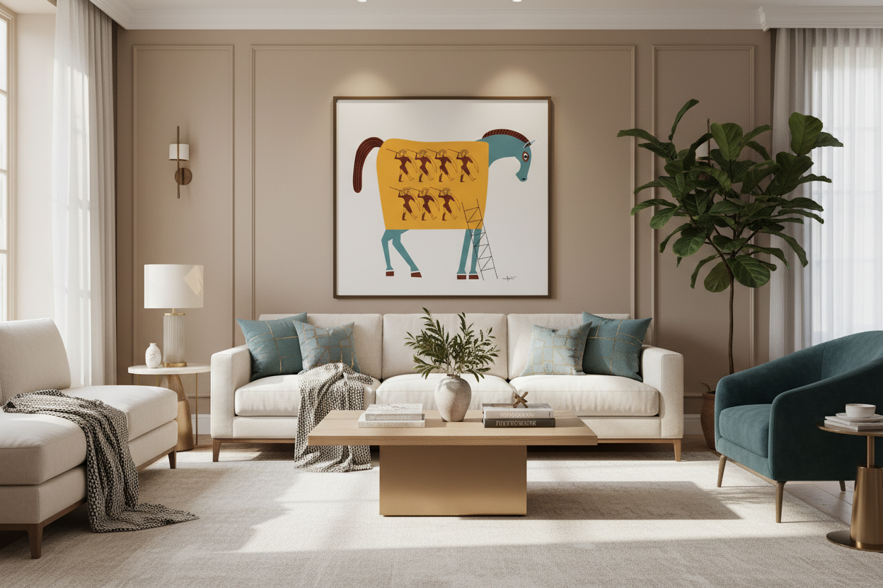 Modern living room with beige sofa, armchair, coffee table, and decorative wall art.