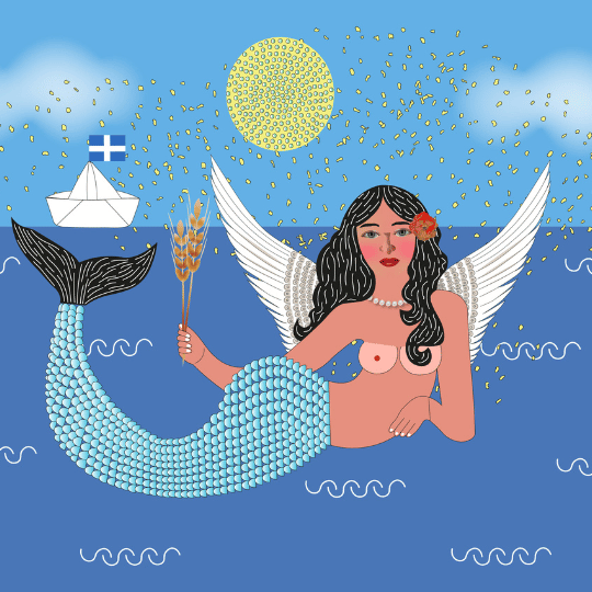 Mermaid with angel wings holding wheat stalks, surrounded by a blue sky with a sun and white boat, on a blue background.
