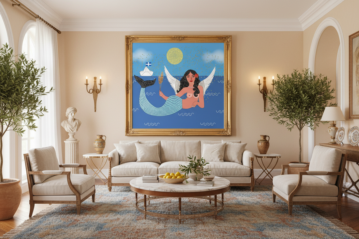 Living room with a mermaid painting on the wall, beige sofa, and decorative items.