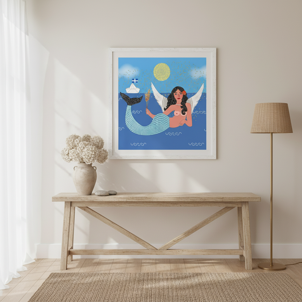 Mermaid with angel wings holding wheat stalks, surrounded by a blue sky with a sun and white boat, on a blue background.