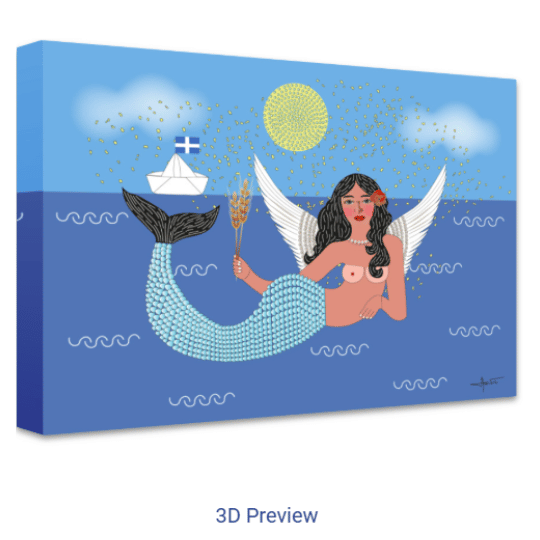 Canvas print with a mermaid and angel figure on a blue background