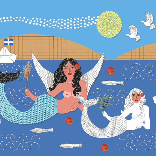 Illustration of mermaids in a coastal scene with a building, flag, and birds.