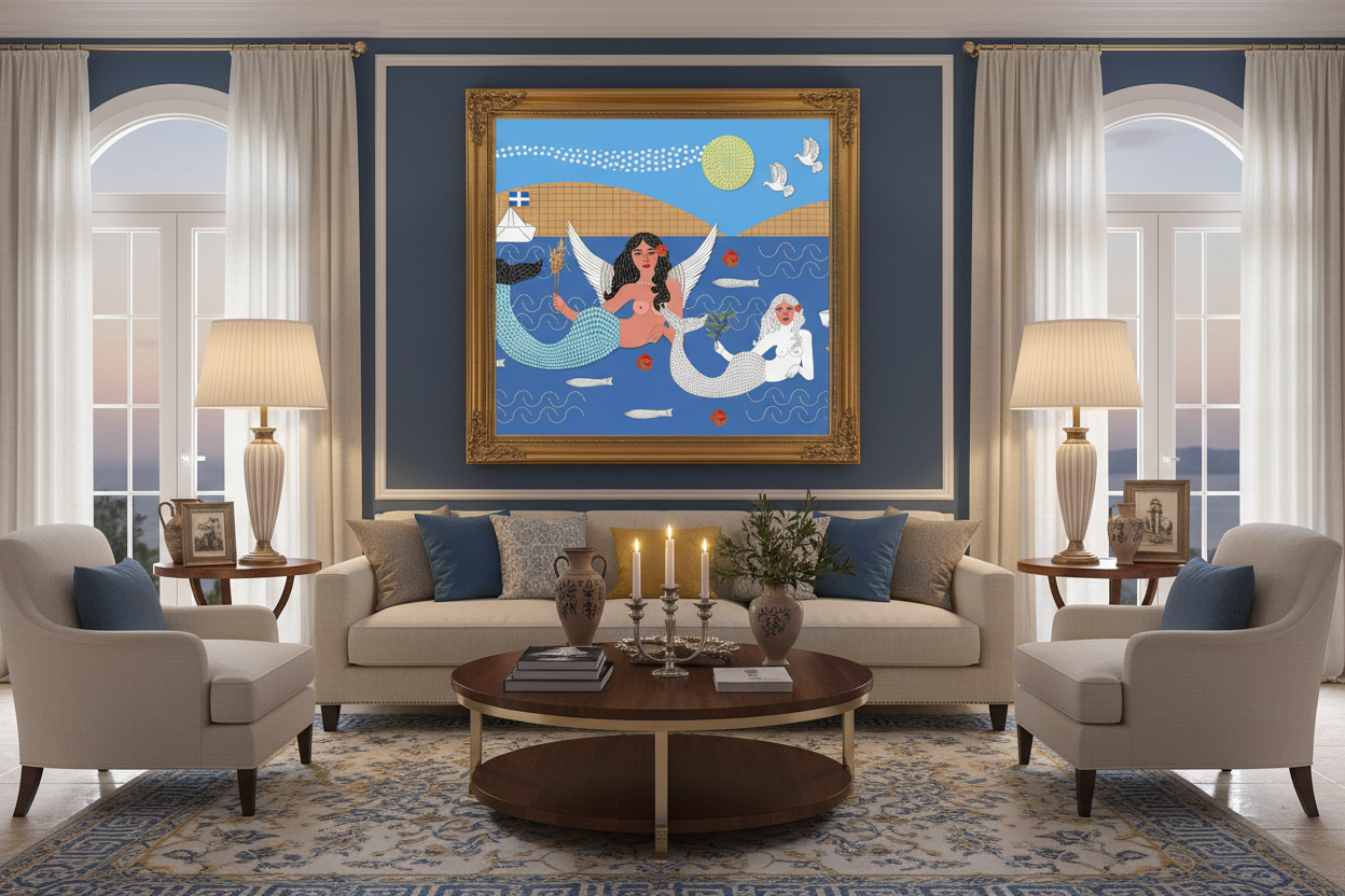 Living room with a large framed artwork on the wall, two lamps, and a round wooden coffee table.