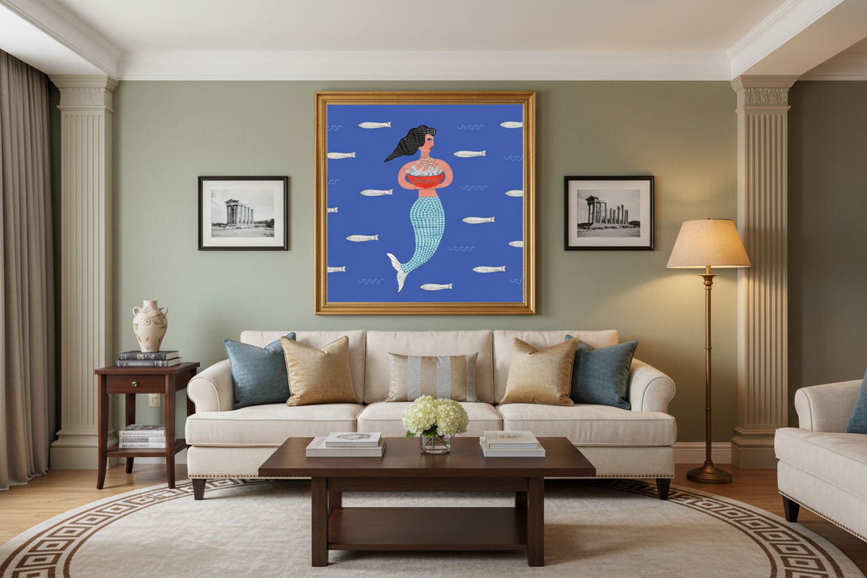 Living room with a beige sofa, wooden coffee table, and framed artwork on the wall.