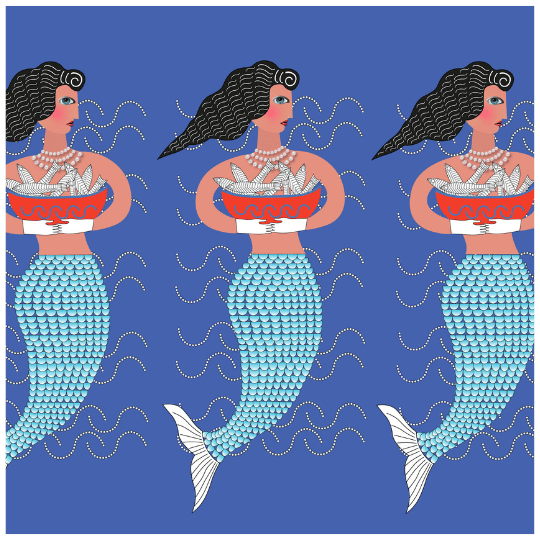 Pattern of mermaids holding a bowl of fish on a blue background