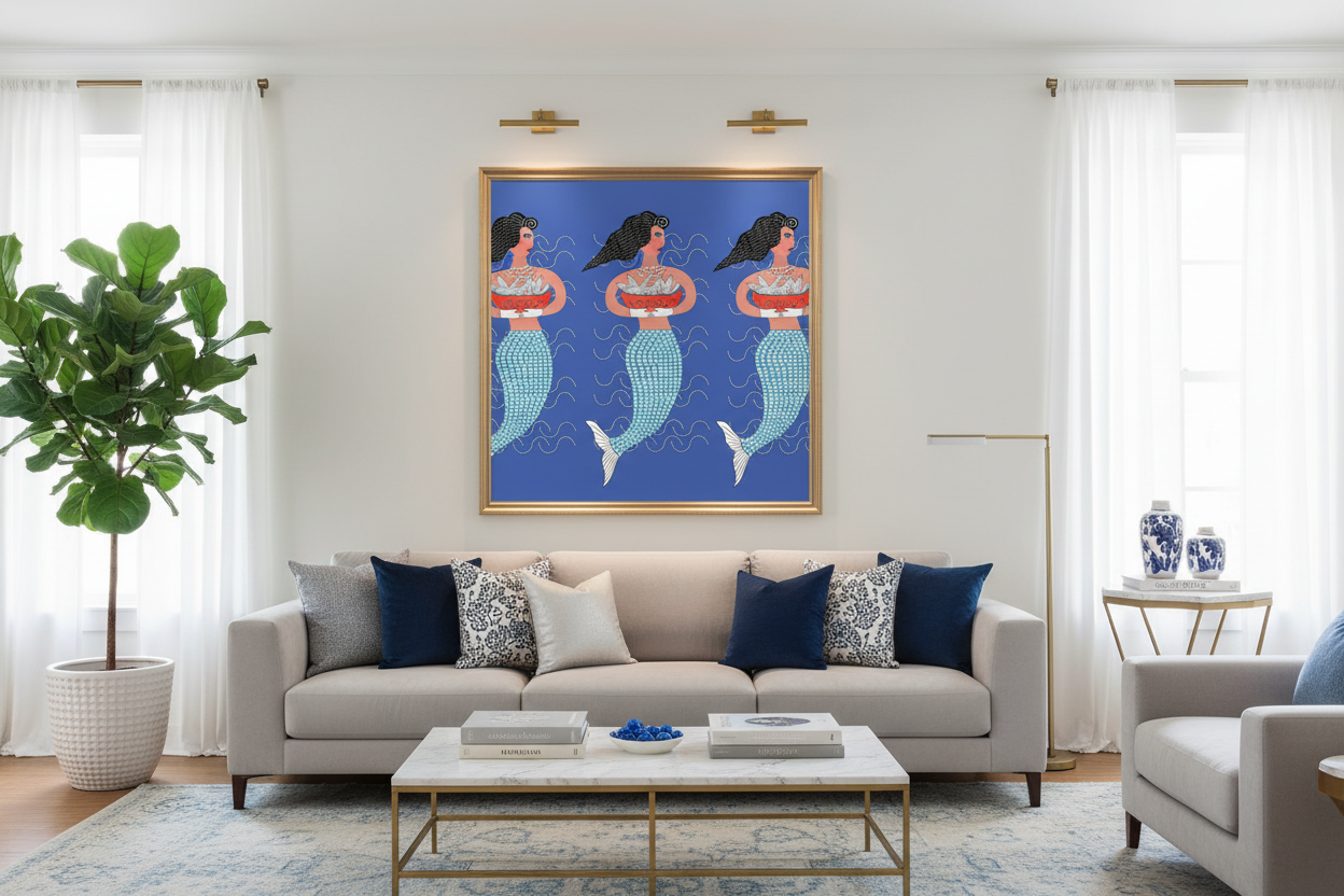 Living room with a beige sofa, decorative pillows, and a framed artwork of mermaids on the wall.