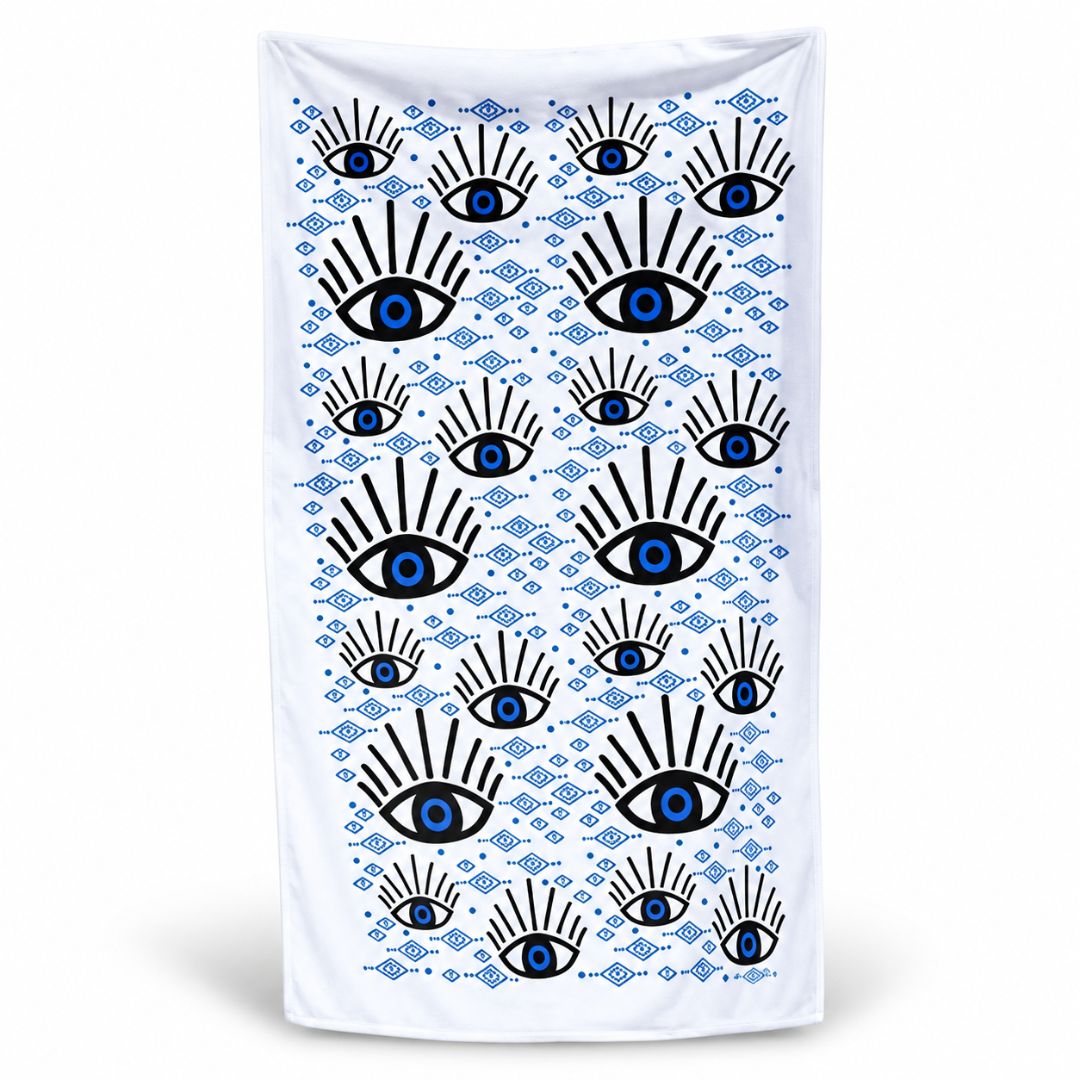 Blue Eye Cotton Tea Towel – screen-printed Greek evil eye design in blue and black on white cotton, front view | Thalassea