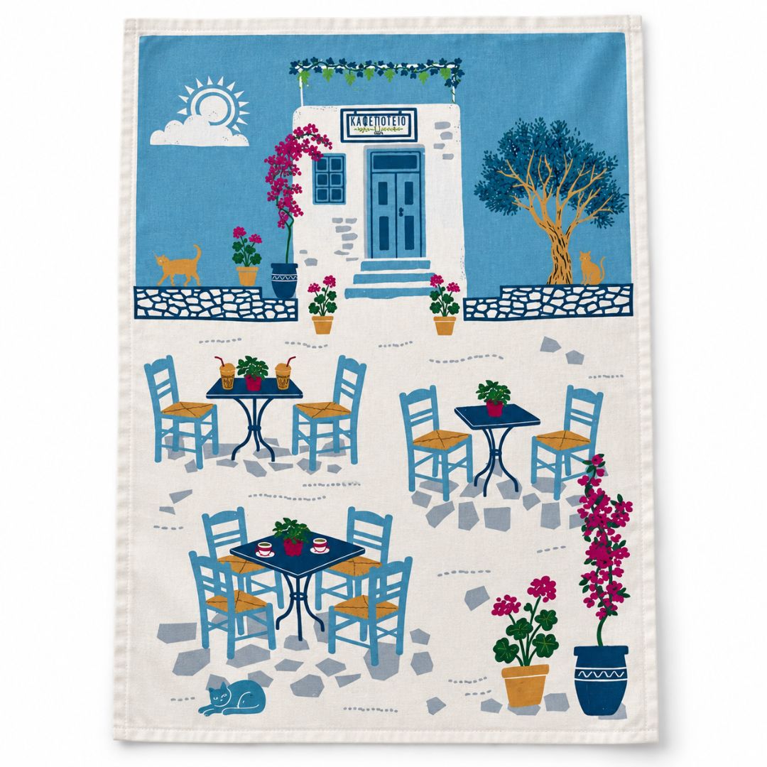 Coffee and Drinks Cotton Tea Towel – Greek village kafeneio print with blue chairs, coffee tables and bougainvillea, front view | Thalassea