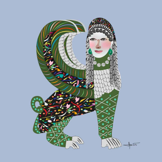 A colorful illustration of the Sphinx depicted with a combination of natural elements and abstract patterns.