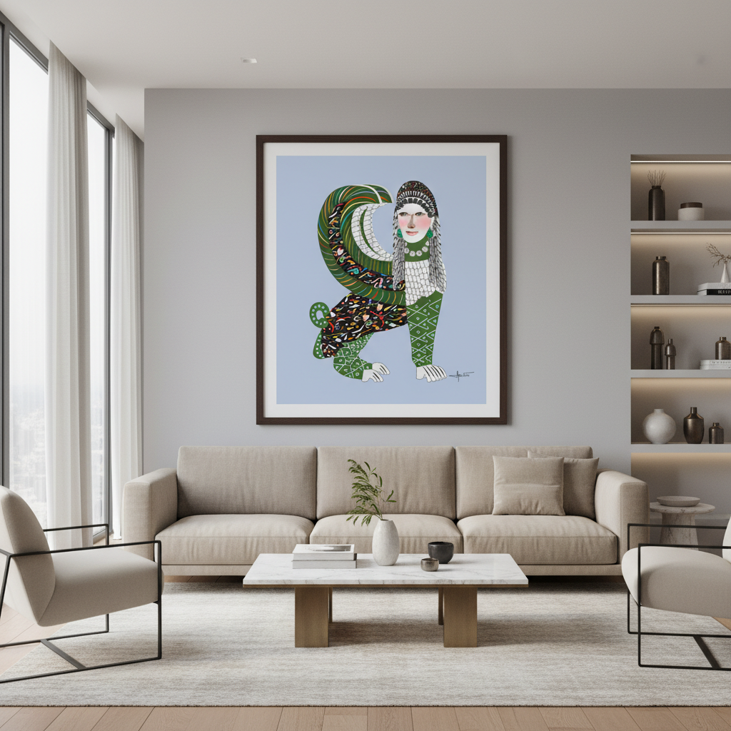 Living room with a beige sofa, coffee table, and wall art of a stylized figure.