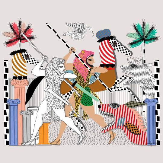 A colorful artwork depicting the mythological character Hercules fighting with a multi-headed creature, likely the Lernaean Hydra, in a dramatic and vivid scene with decorative elements in the background.