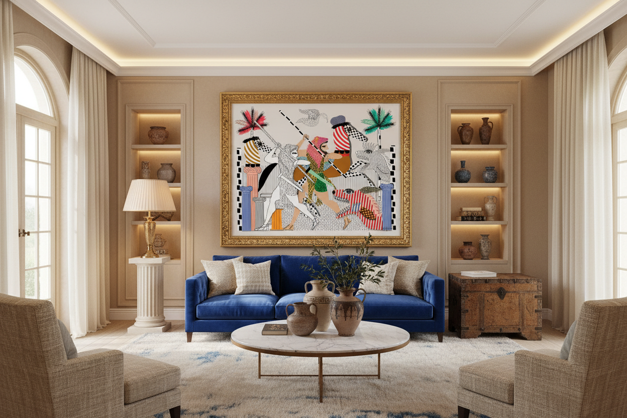 Modern living room with a blue sofa, colorful abstract painting, and decorative shelves.