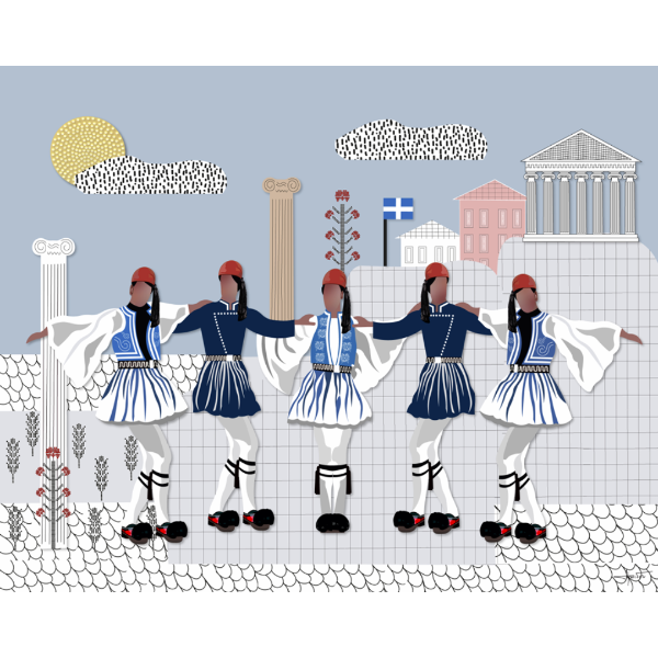 Illustration of five dancers in traditional Greek costumes with a classical architecture background.