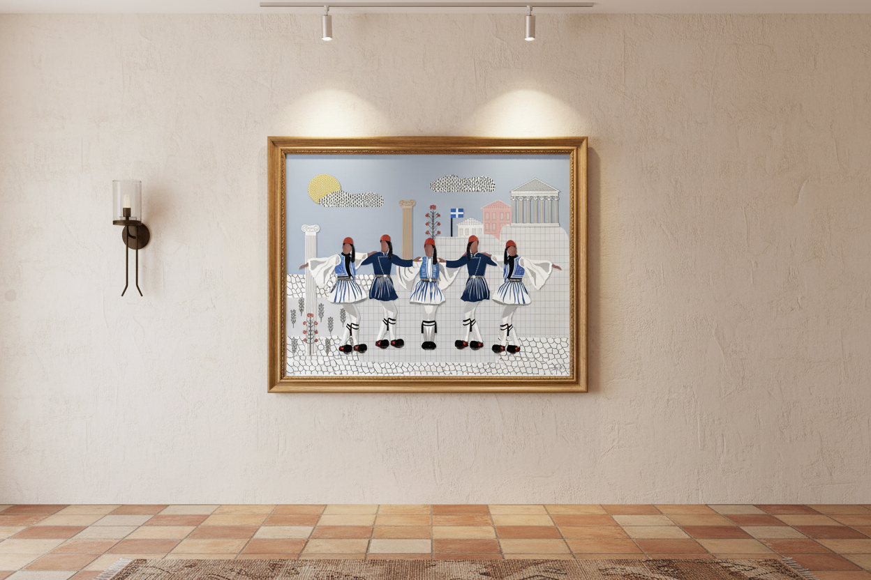 Framed artwork of five evzones in a room on a beige wall.