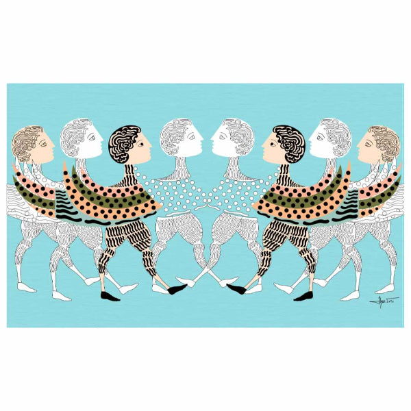 A wall art decor featuring illustrated winged figures with detailed patterns on their clothing against a light blue background.