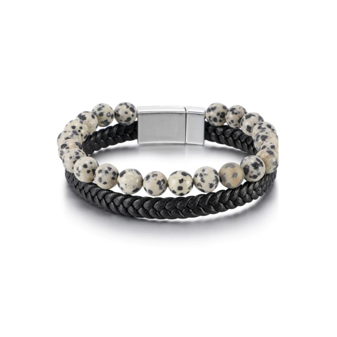 Black Leather Bracelet - white stones