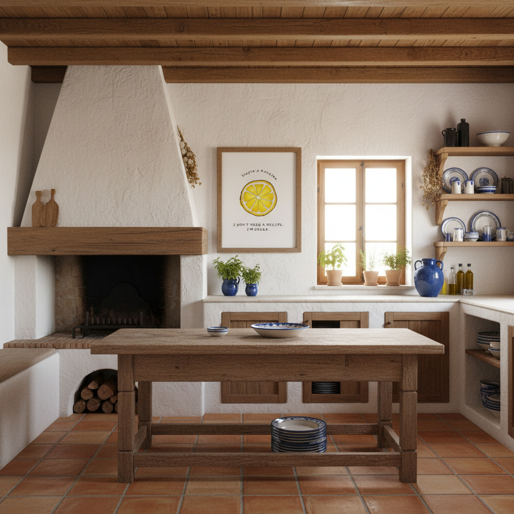 Wooden dining table in a rustic kitchen with a fireplace and shelves.