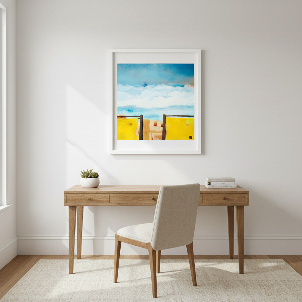 Modern home office with wooden desk, chair, and framed artwork on the wall.