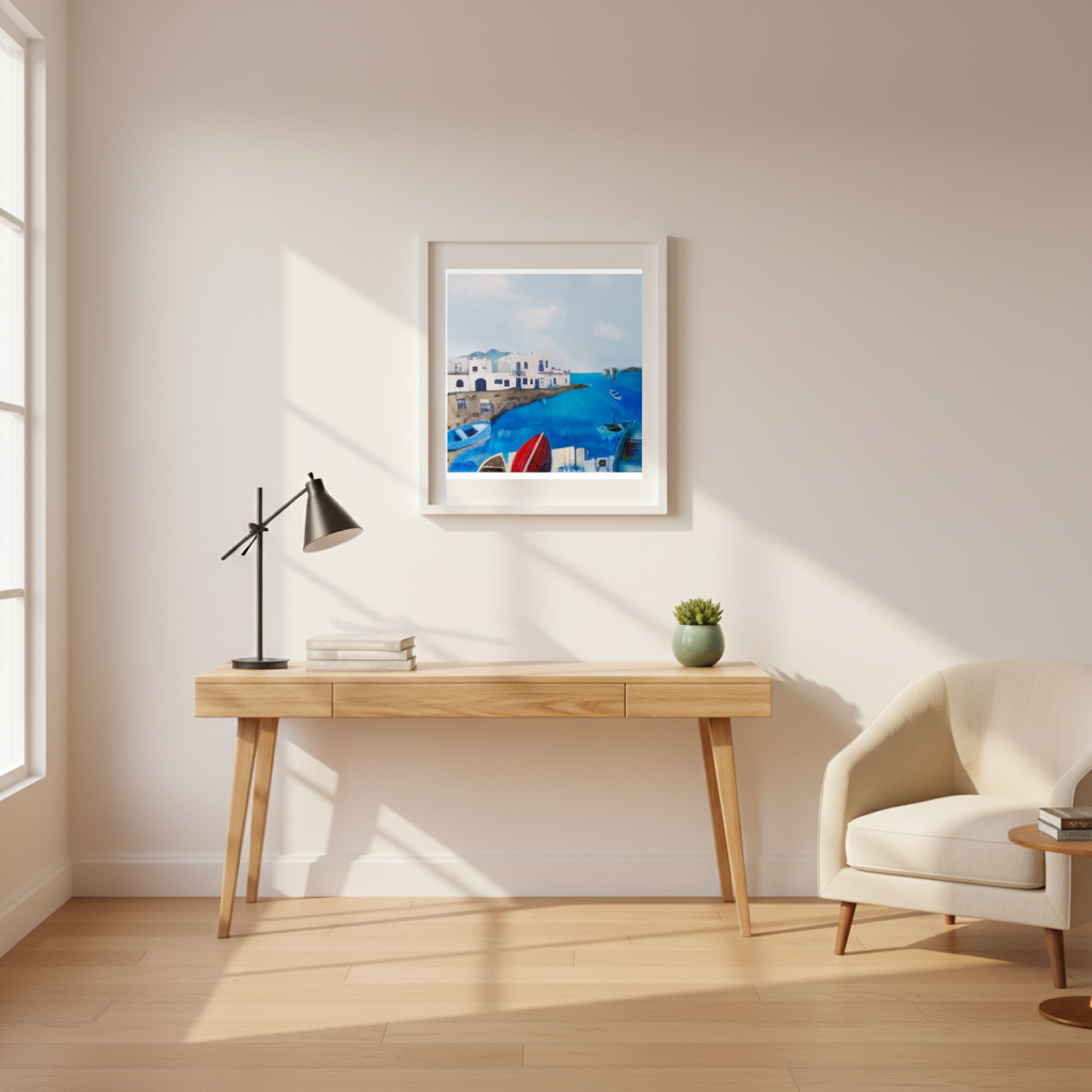 Modern home office with wooden desk, chair, and framed artwork on the wall.