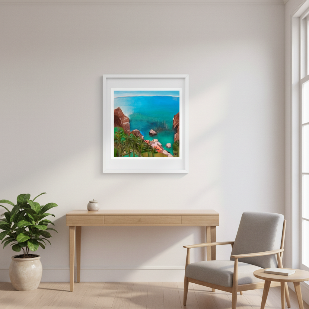 Framed artwork on a wall above a wooden desk with a chair and plant in a bright room.