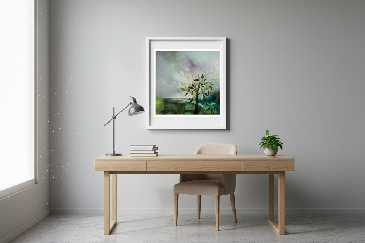 Modern office setup with a desk, chair, lamp, and framed artwork on a gray wall.