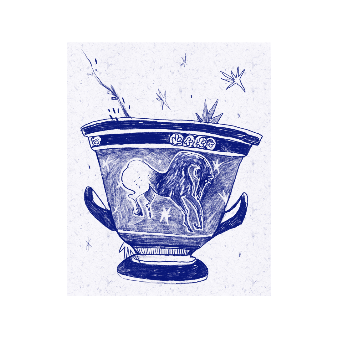 Blue decorative urn with horse design on a white background