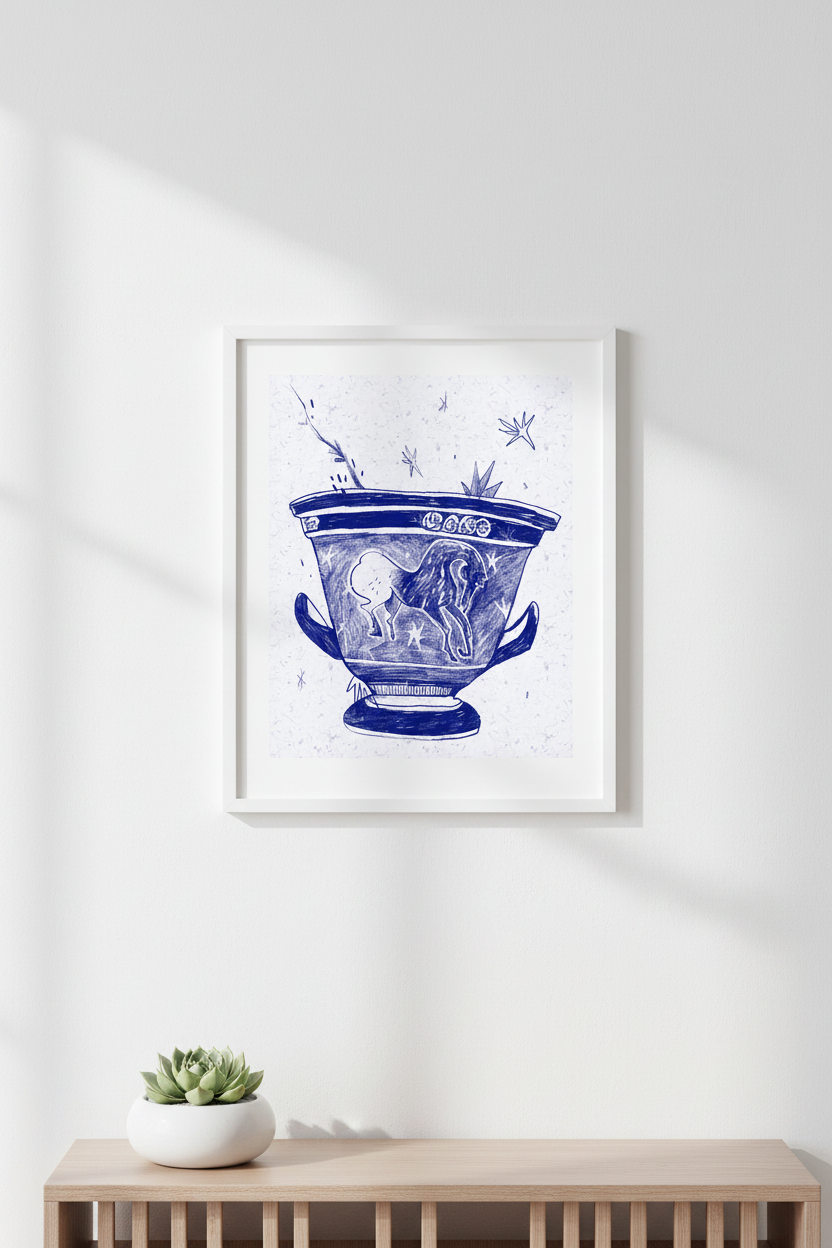 Framed artwork of a blue and white decorative urn on a white wall with a wooden console table below.