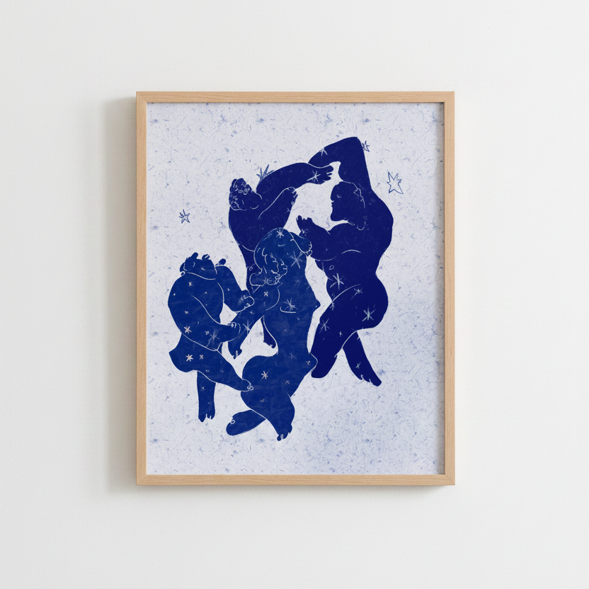 Blue silhouette of a family of bears on a textured white background