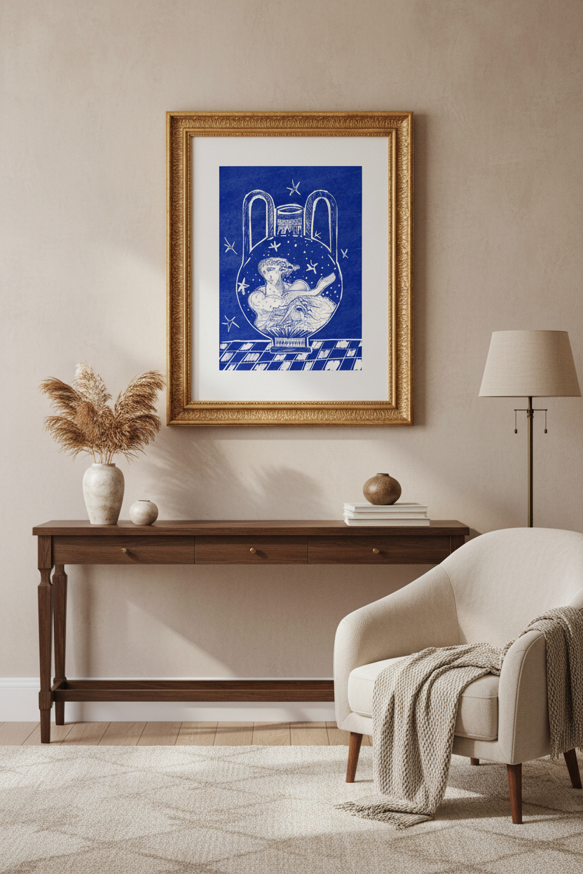 Illustration of a classical figure inside a glass jar on a blue background