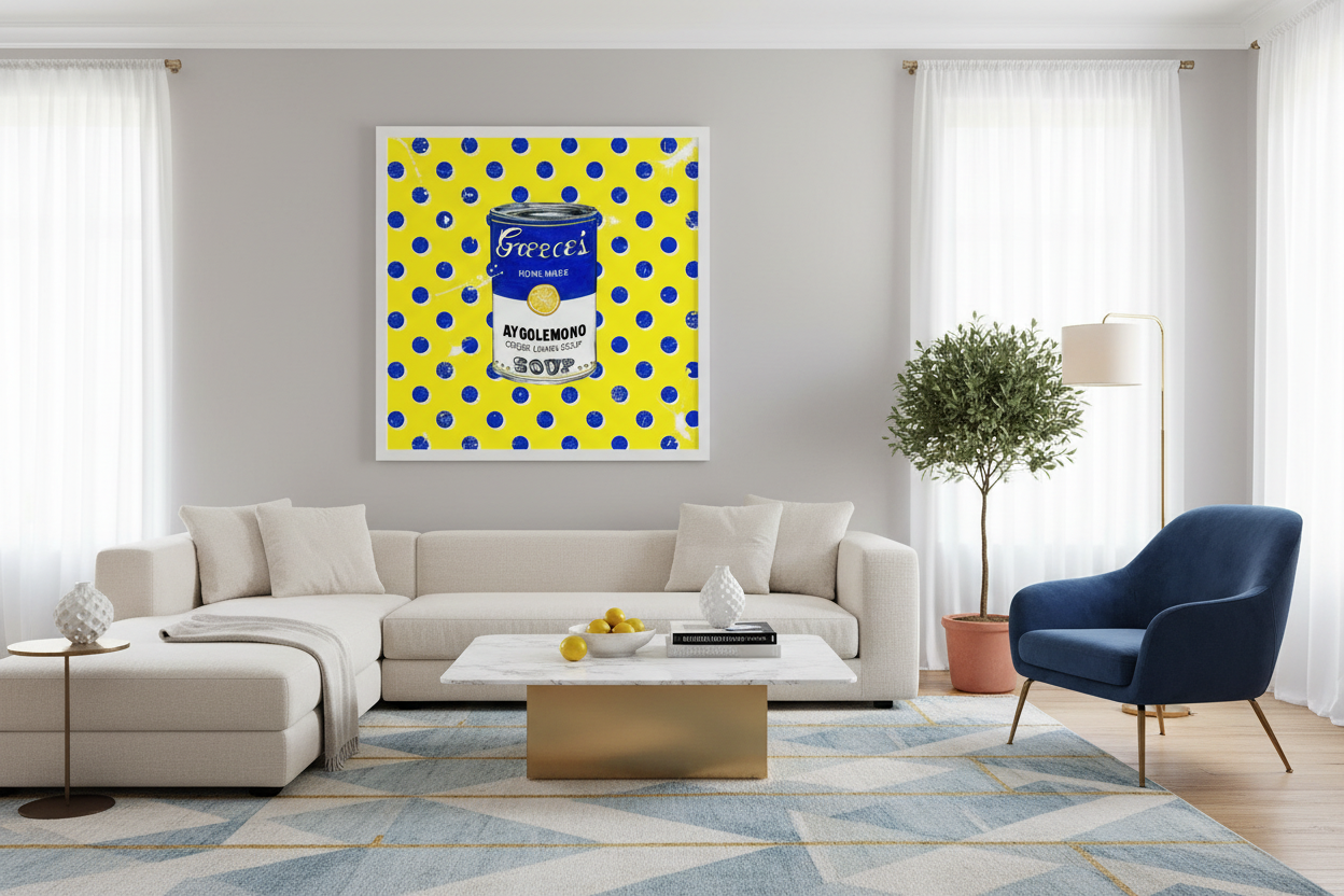 Modern living room with a colorful abstract painting on the wall.