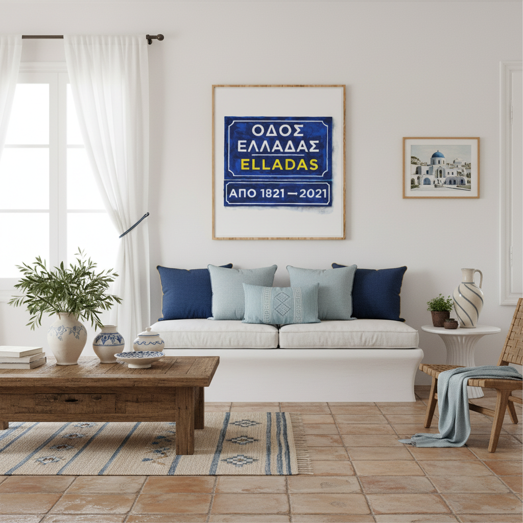 Living room with a white sofa, wooden coffee table, and framed artwork on the wall.