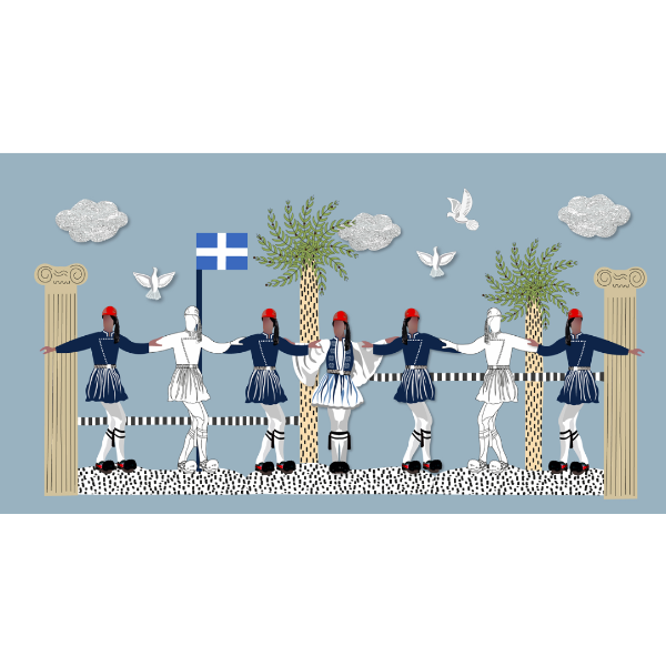 Illustration of a group of people in traditional attire with a Greek flag, palm trees, and doves on a blue background.