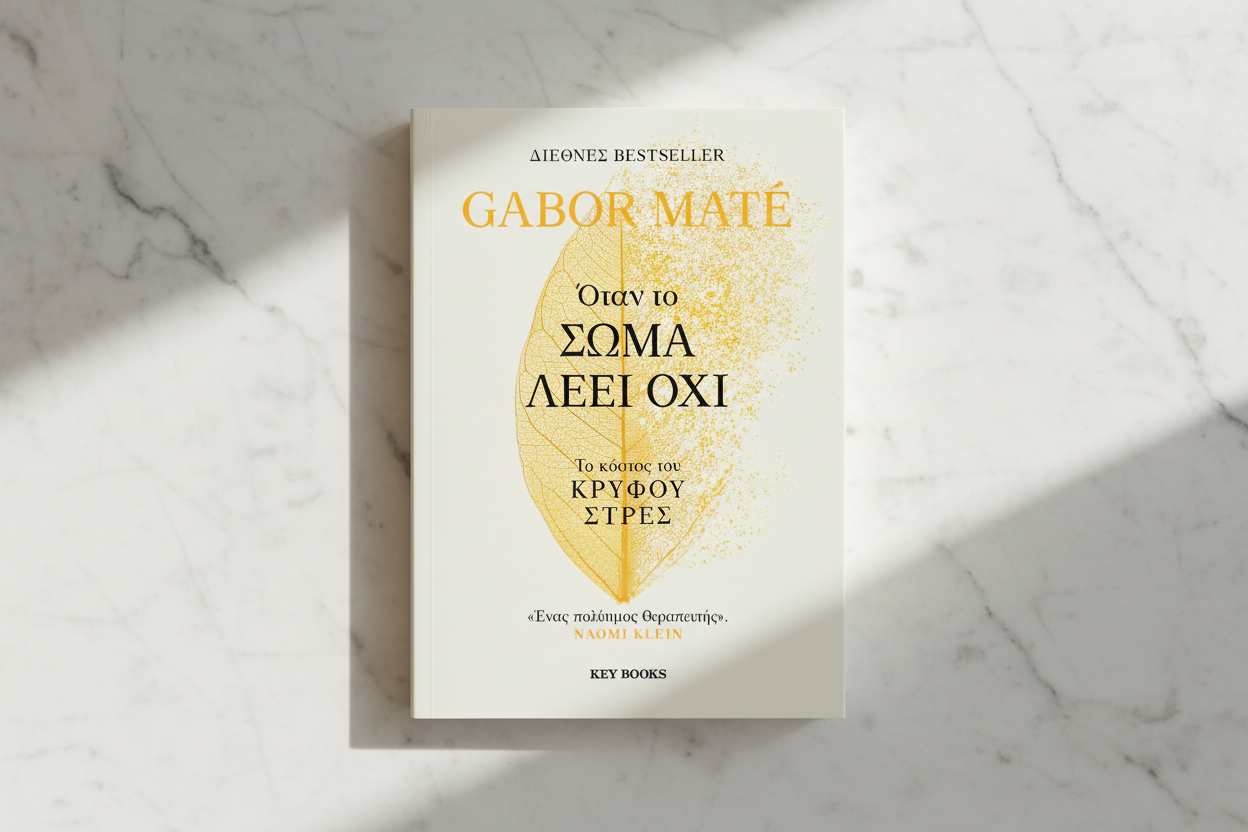 Book titled 'Όταν το Σώμα Λέει Οχι' by Gabor Mate on a marble surface