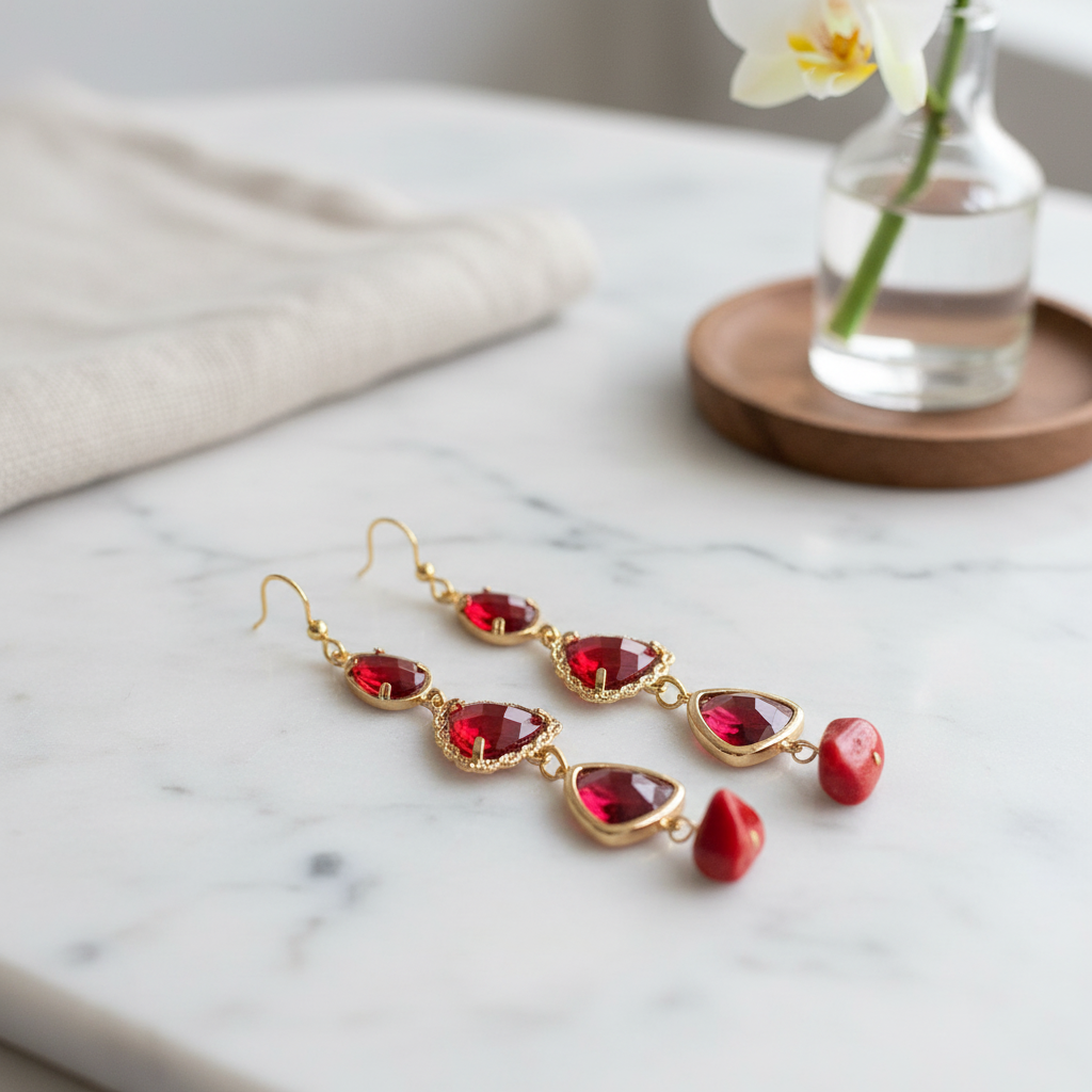Gold earrings with red gemstones on a marble surface with a vase of flowers in the background